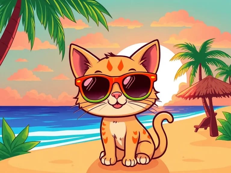 Cute cartoon cat with sunglasses on tropical beach
